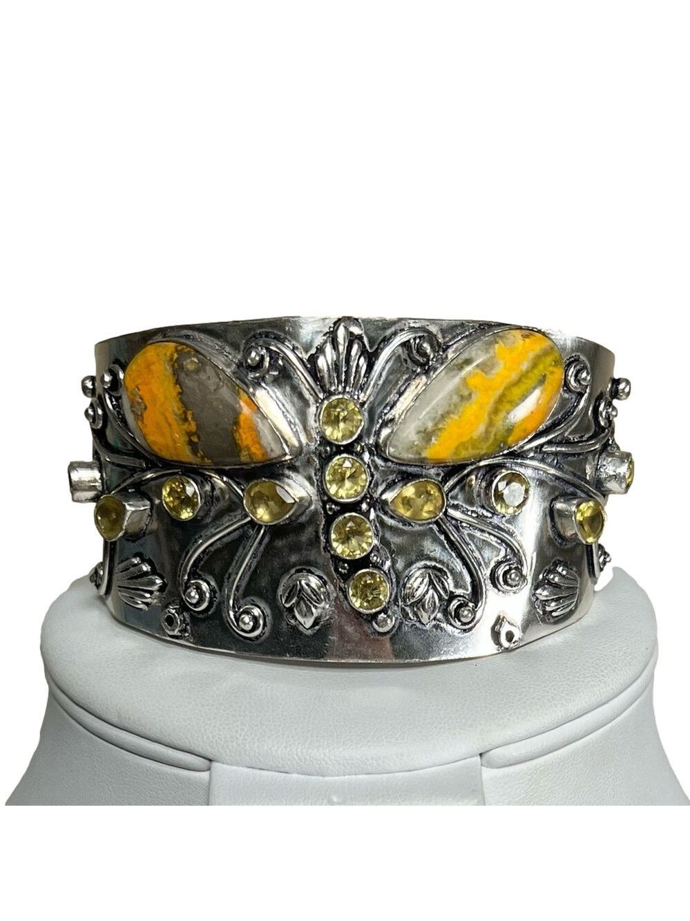 Vintage Style 925 Bumble Bee Jasper Gemstone Bangle Bracelet